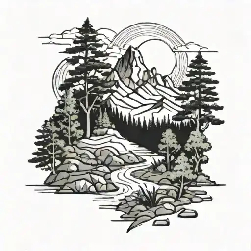 Mountains And Forest With Pathway With Background Trident