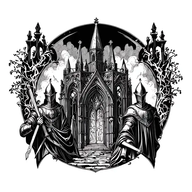 Dark Medieval Knights And Detailed Church