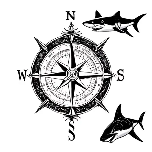 Nautical Compass With Shark Swimming
