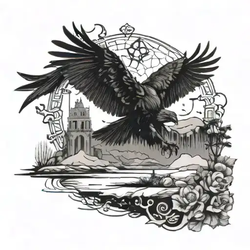 A Raven Flying Over A Battlefield With Ancient War Symbols In The Background