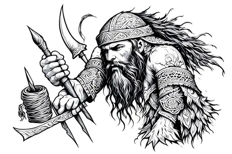 A Nordic Vikingo Cutting The Thread Of The Nornas