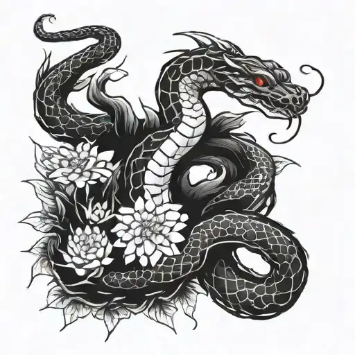Japanese Style Snake With Chrysanthemums And Red Spider Lily Intertwined On A Tree With Brush Stokes