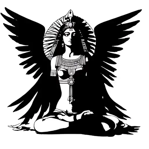 Goddess Isis With Her Back Turned Looking To The Left With Her Wings Spread And Meditating