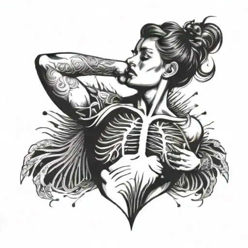 Woman With Guts And Rib Cage Exposed Heart Seen With Rays Coming Out Of Chest