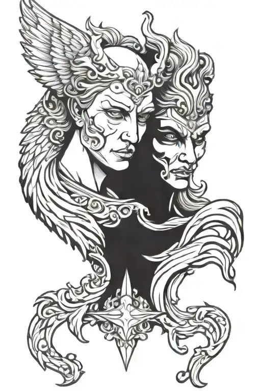 Angel And Demon Face Pointing In Opposite Directions