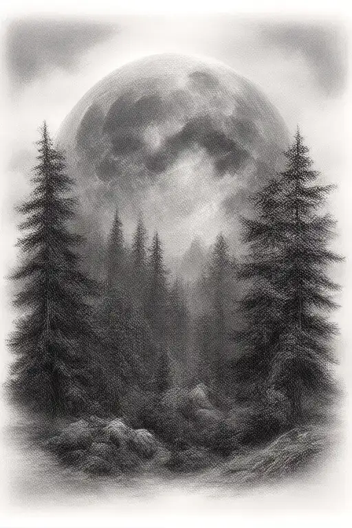 Massive Forest Landscape With Huge Moon In The Background