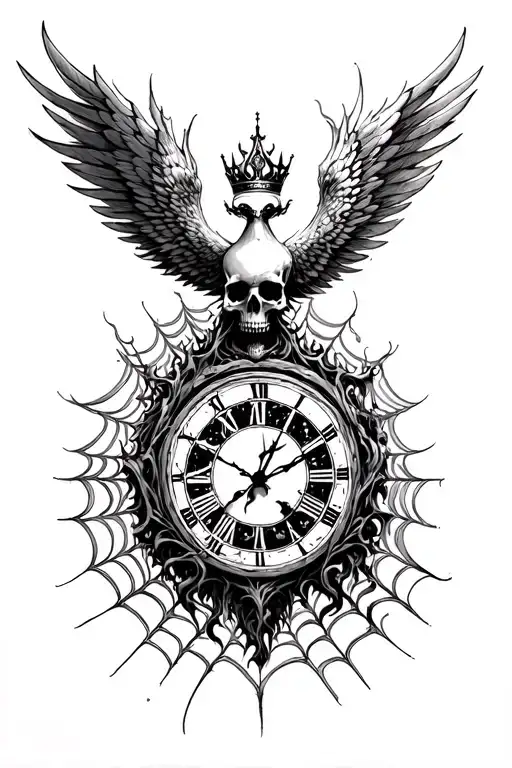 Phoenix Clock Skull With Crown Fire Angel Winds Spiders Climbing Cobwebs