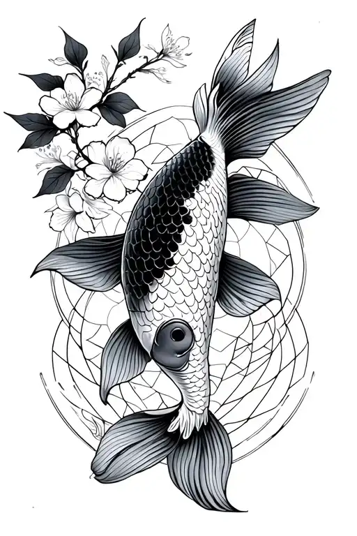 Koi And Cherry Blossom With Belief And Geometric Pattern