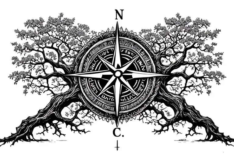 Tree Of Life And Compass Intertwined Together
