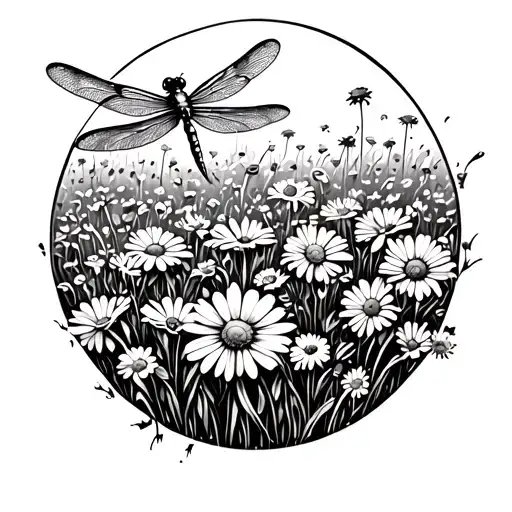 A Dragonfly Flying Over A Field Of Daisies With A Semi Colon Hidden In The Background