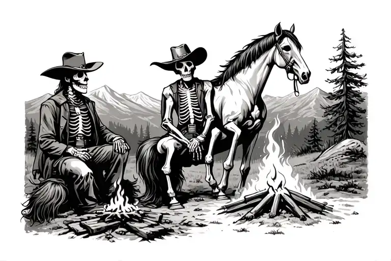 Old Western Skeleton Cowboy And His Horse Sitting By A Fire In The Mountains
