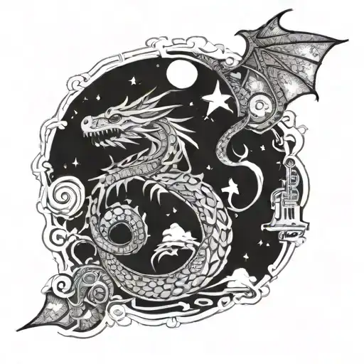 A Dragon Composing Music Under A Starlit Sky Filled With Philosophical Quotes