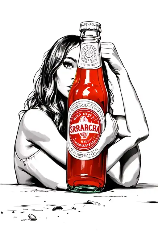 Seductive Girl Leaning Against A Sriracha Hotsauce Bottle