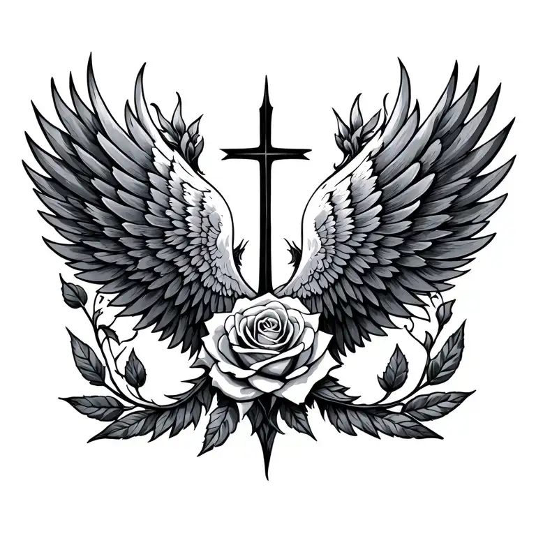 Black And Grey Wings With Cross On The Middle Of Wings And Add Rose Spike