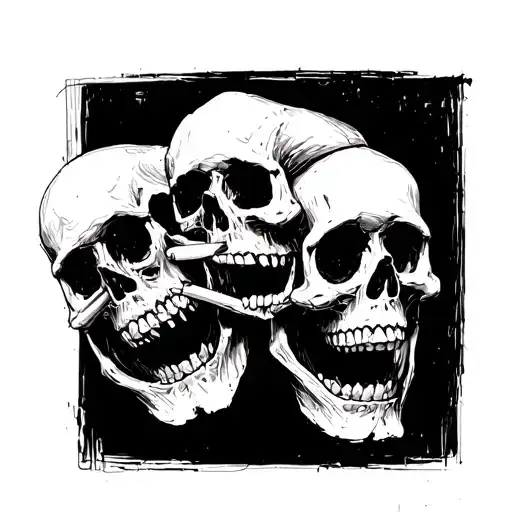 Three Skulls From One Essence Of One Skull Of A Cigarette In The Teeth Style Sketch Sketch