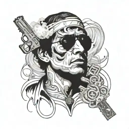 A Smoke Cloud Forming The Shape Of Scarface's Face With A Gun And Money Intertwined
