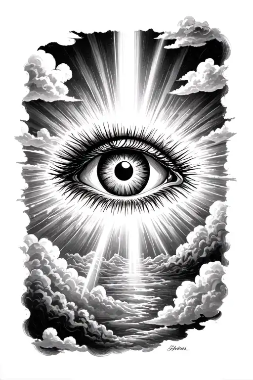 Eye With Beam Of Light Coming Out And With Background Clouds And Around Everything