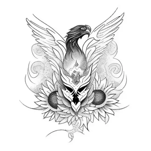 Craft A Tattoo Featuring A Phoenix With Its Wings Composed Of Various Types Of Flowers