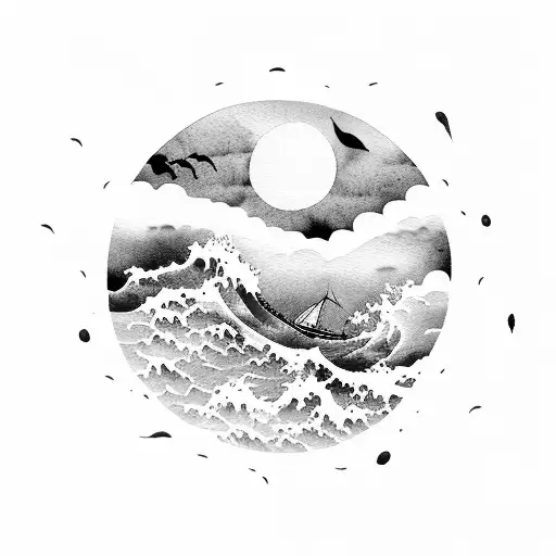 A Japanese Watercolor Painting Of A Moonlit Ocean With Waves Crashing Against A Rocky Shoreline