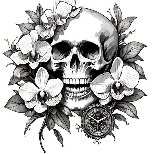 Skull And Orchids And Time Piece