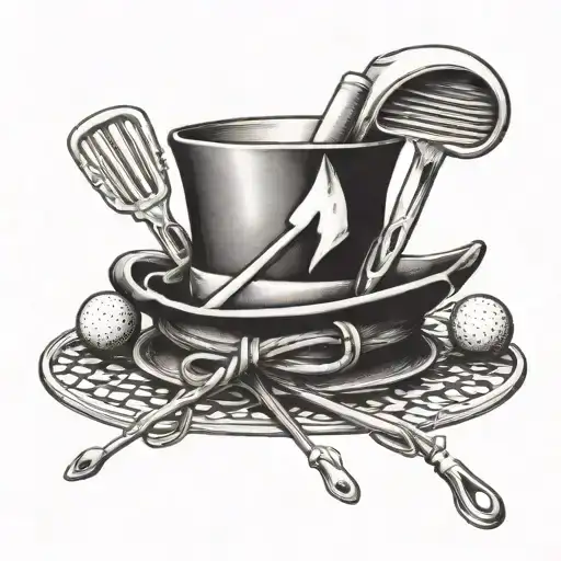 A Whimsical Tattoo Of A Chef's Hat And Utensils Intertwined With Golf Clubs And Balls