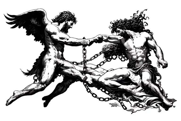 Heaven And Hell Fighting Over A Human That Being Pulled By Chains