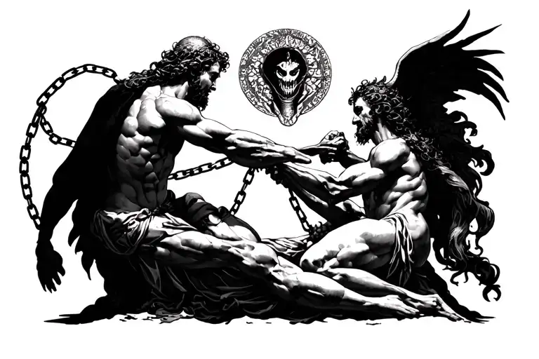Heaven And Hell Fighting Each Other While They Are Pulling On A Human With Chains