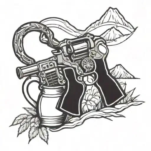 Moonshine Jug And Revolver Intertwined With Mountain Peaks