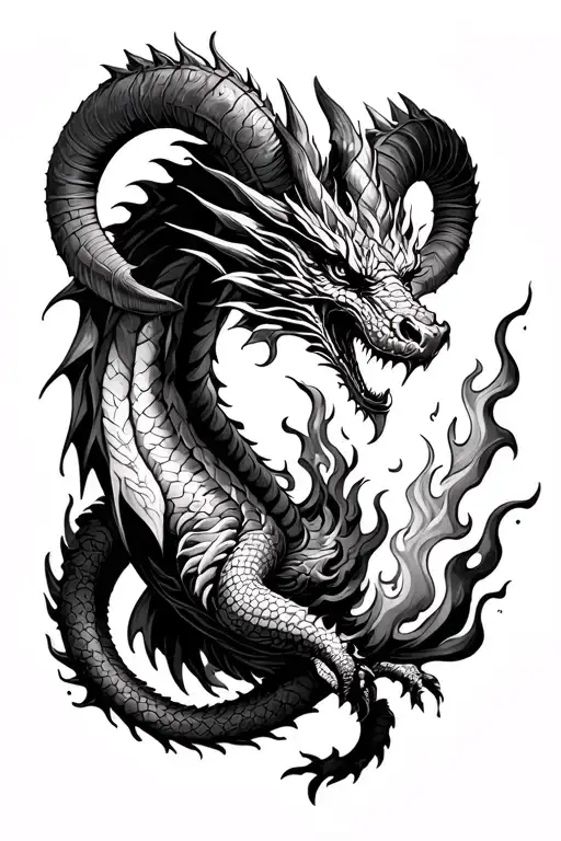 Dragon With Ram Horns Breathing Fire