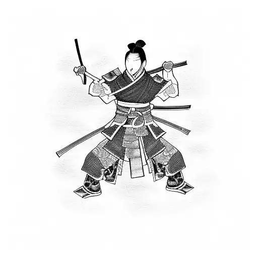 A Blackwork Tattoo Of A Samurai Warrior Practicing 'Kaizen' In A Traditional Japanese Garden