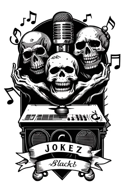 Graveyard With Skulls And Microphone With Music Notes And Banner Underneath With Name Of Jokez