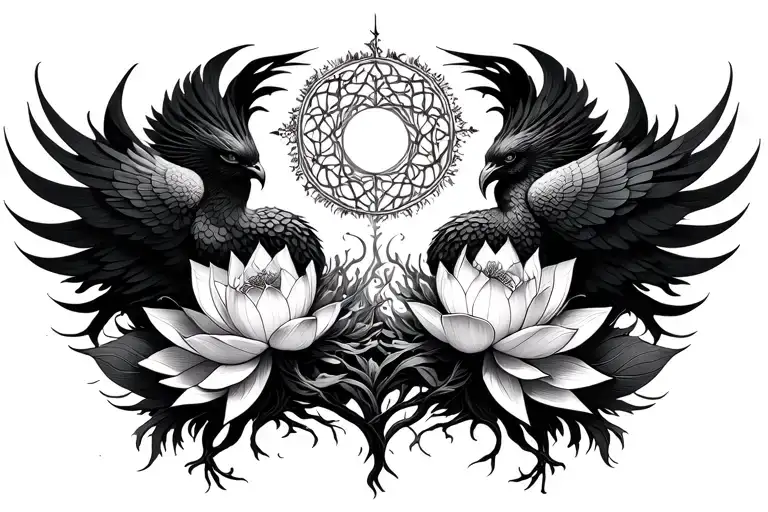 Phoenixes Rebirth Lotus Flowers Awakening And Tree Of Life Interconnectedness
