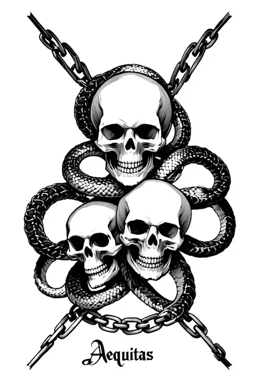 Skulls With Snakes And Chains Wrapping Around Them With Aequitas Written At The Bottom