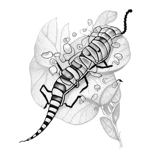 A Blackwork Design Of A Caterpillar Crawling On A Leaf