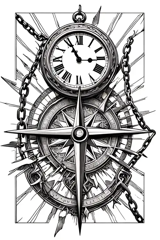 A Broken Clock And A Broken Compass Connected By A Chain