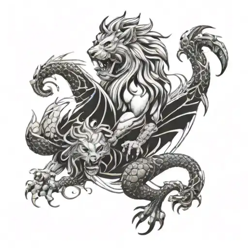 Dragon And Lion With A Big Mane Are Watching