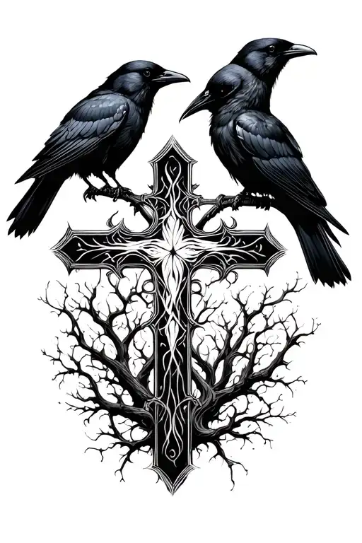Cross Tattoo With Crows