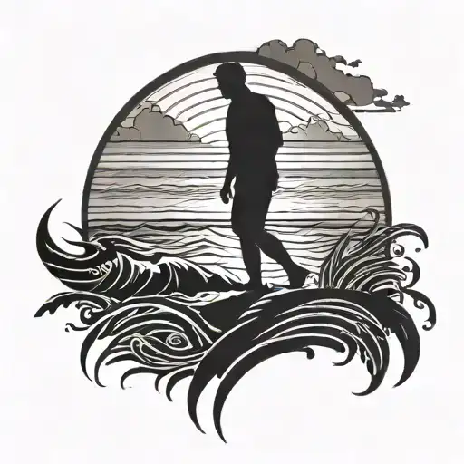 Silhouette Of Father With Ocean In Background Black