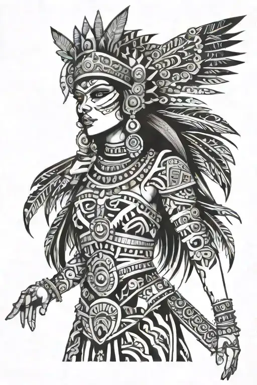 Aztec Princess Black And White Drawing