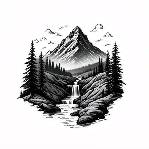 A Detailed Mountain Landscape With A Winding Hiking Trail Leading To A Hidden Waterfall
