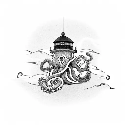 A Lighthouse Surrounded By Swirling Waves And An Octopus Tentacle