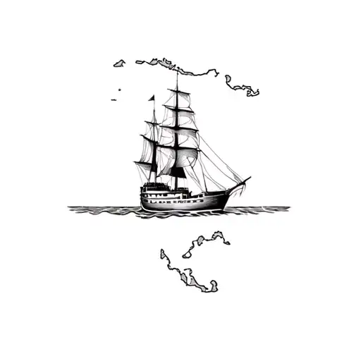 Large Sailing Ship On Vintage Caribbean Map Outline