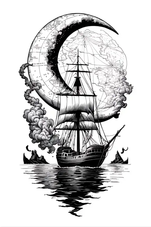 Ship Fading Into Smoke Forming A Coiled Rope Intertwined With A Half Moon Outlined By A Nautical Map