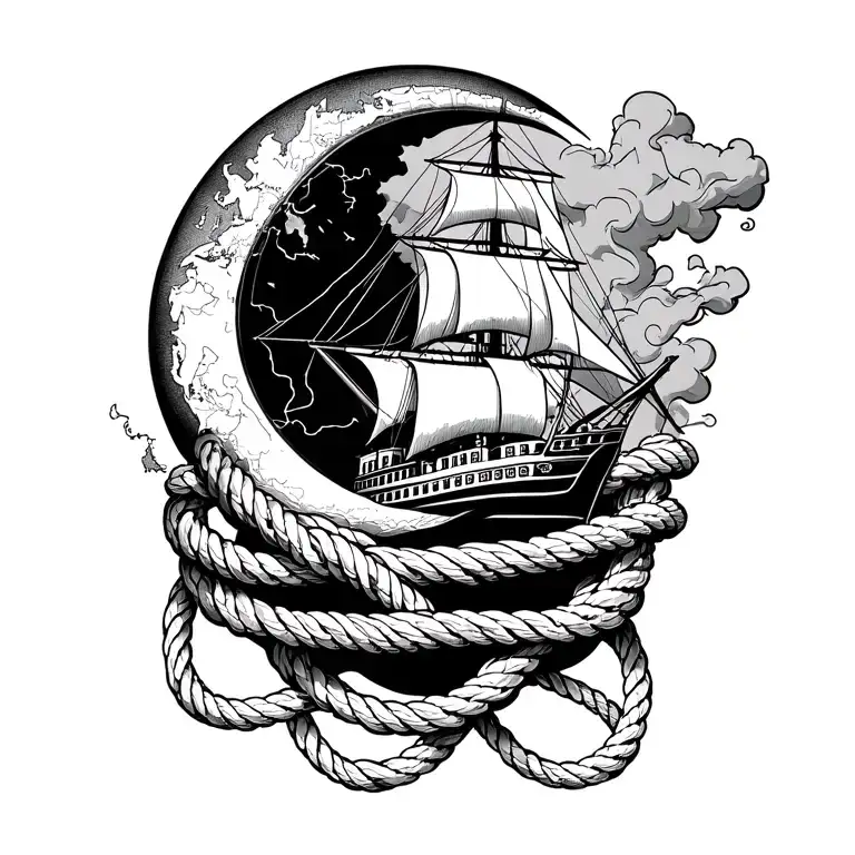 Ship Fading Into Smoke Forming A Coiled Rope Intertwined With A Half Moon Outlined By A Nautical Map