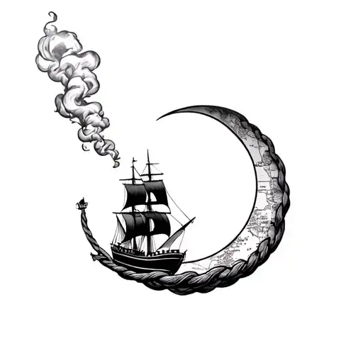 Ship Fading Into Smoke Forming A Coiled Rope Intertwined With A Half Moon Outlined By A Nautical Map