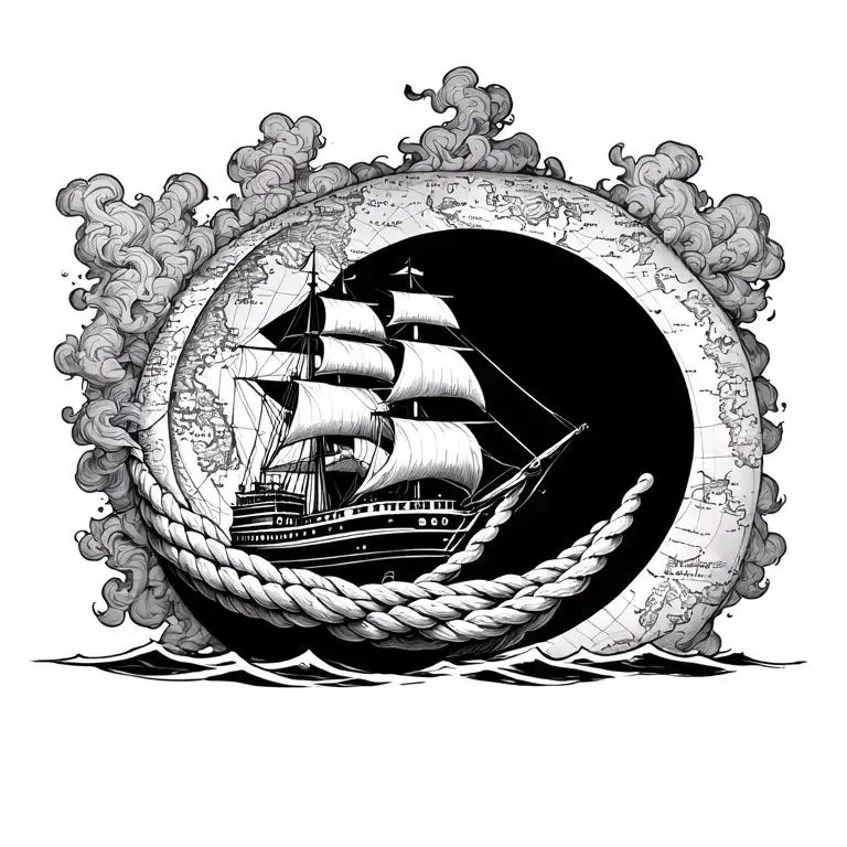 Ship Fading Into Smoke Forming A Coiled Rope Intertwined With A Half Moon Outlined By A Nautical Map