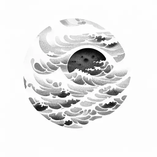 A Japanese Watercolor Painting Of A Moonlit Ocean With Waves Crashing Against A Rocky Shoreline