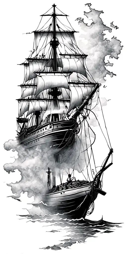 Ship Fading Into Mist Forming Coiled Rope On A Nautical Map