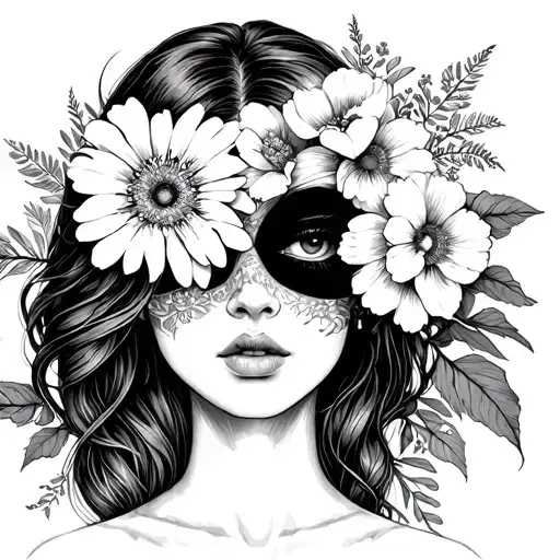 Woman With Two Faces And Flowers Cover Her Eyes
