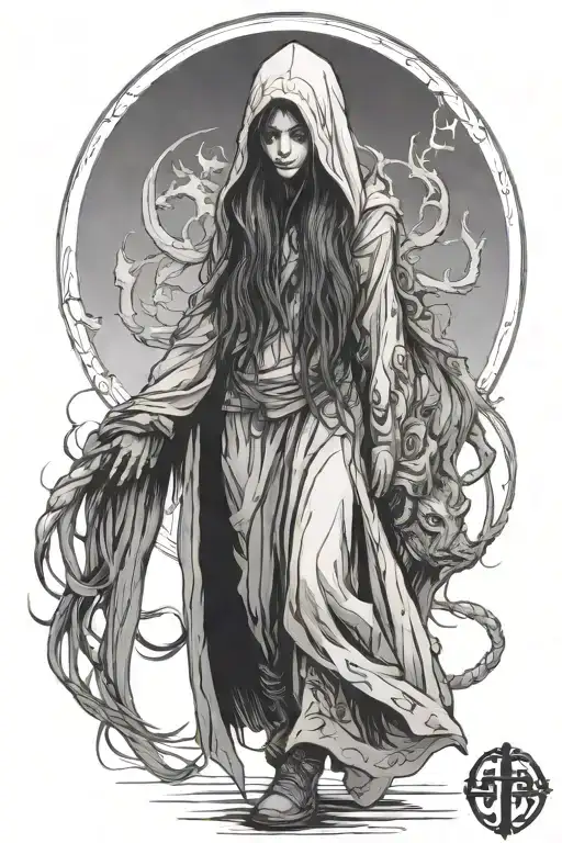 A Girl With Long Hair And A Huge Hooded Beast Walking Side By Side